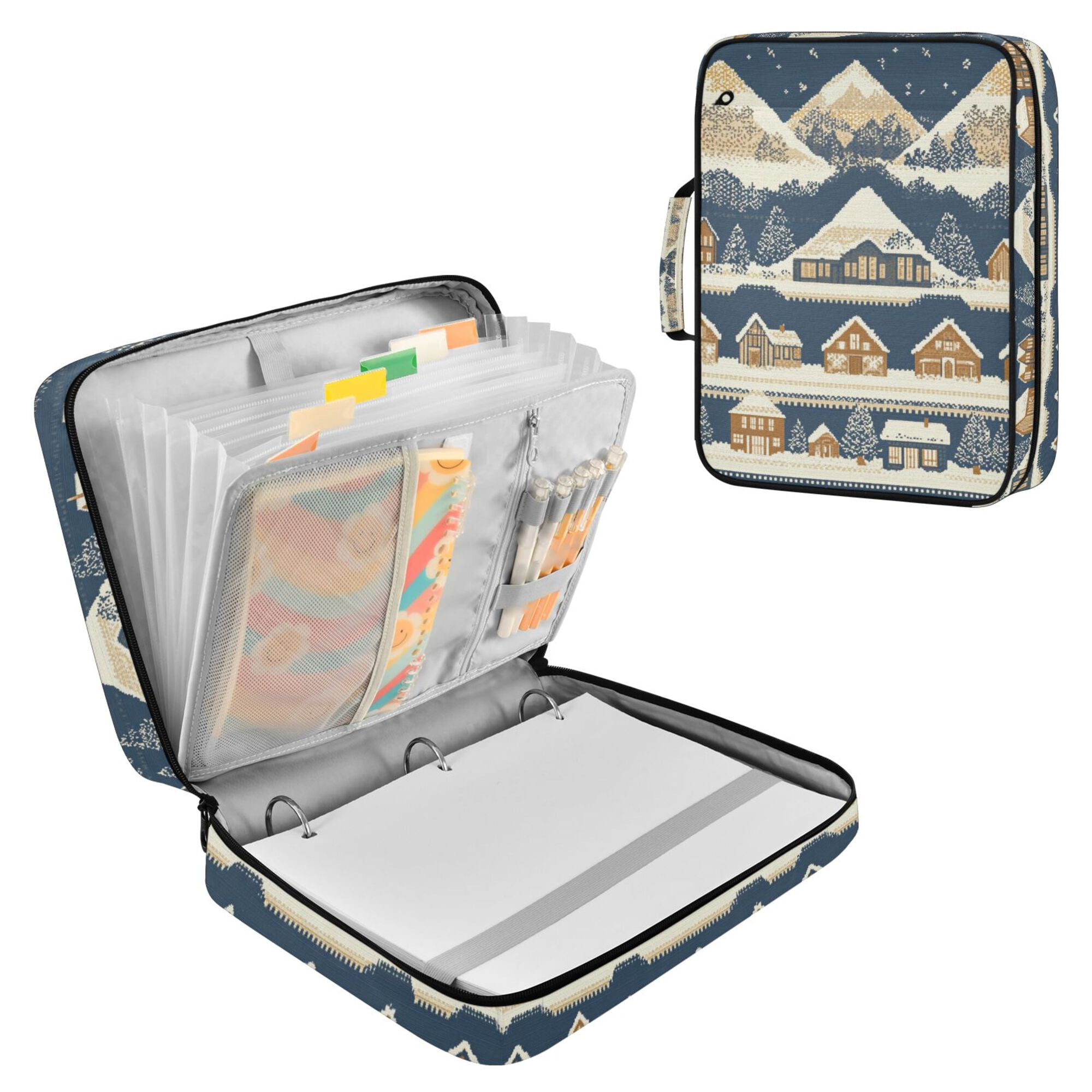 FORMRS Accordion File Folder A4 Size 7-Pocket Expanding Document Organizer Bag with 3 Ring Binder, Winter Village