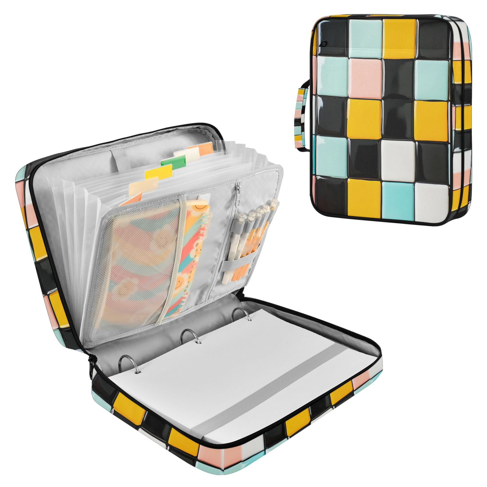 FORMRS Accordion File Folder A4 Size 7-Pocket Expanding Document Organizer Bag with 3 Ring Binder, Yellow Checkered Pattern