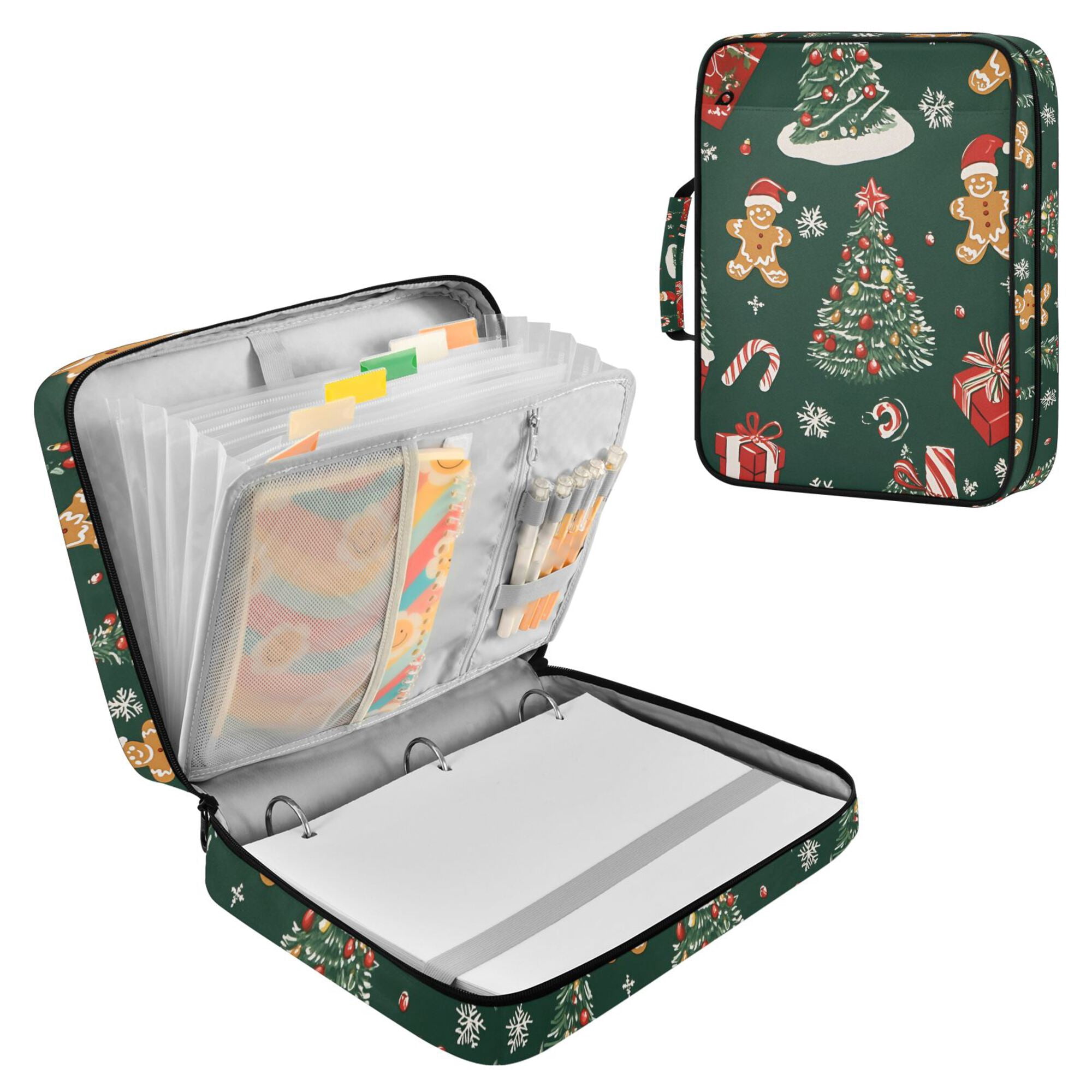 FORMRS Accordion File Folder A4 Size 7-Pocket Expanding Document Organizer Bag with 3 Ring Binder, Yellow Christmas Gingerbread
