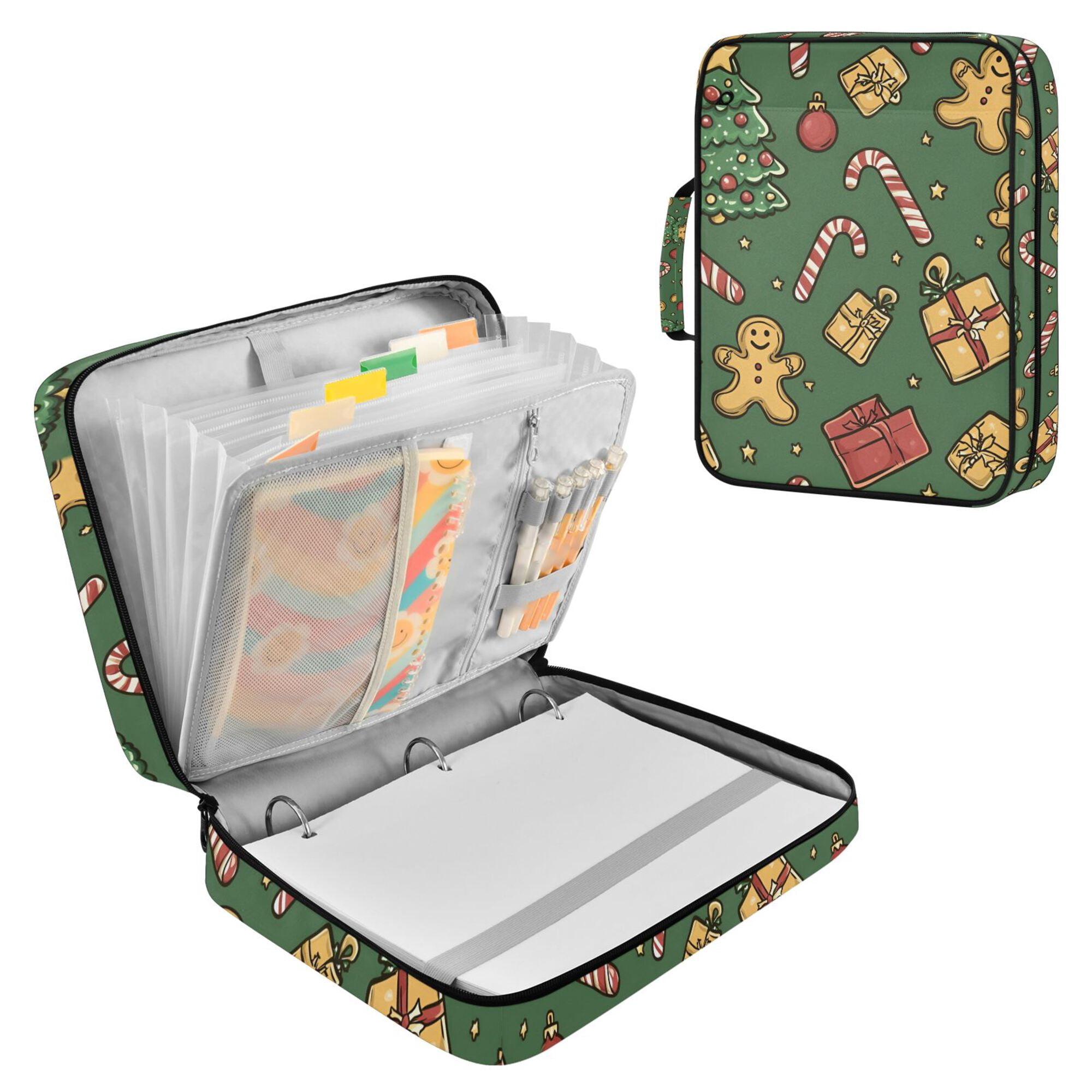 FORMRS Accordion File Folder A4 Size 7-Pocket Expanding Document Organizer Bag with 3 Ring Binder, Yellow Christmas Gingerbread