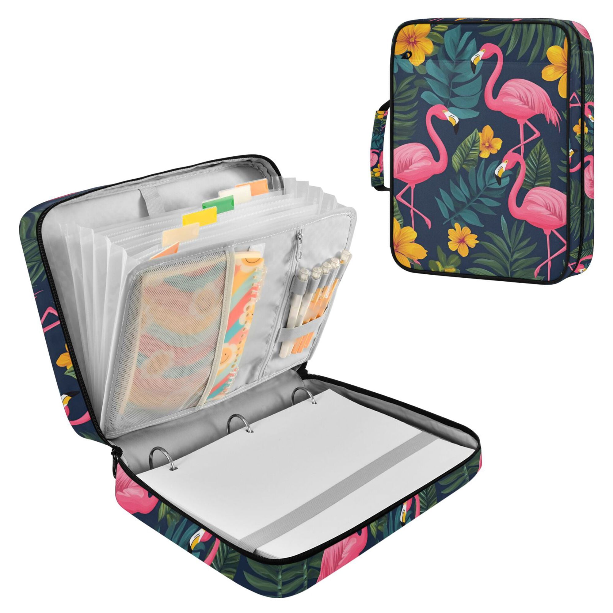 FORMRS Accordion File Folder A4 Size 7-Pocket Expanding Document Organizer Bag with 3 Ring Binder, Yellow Floral Flamingo