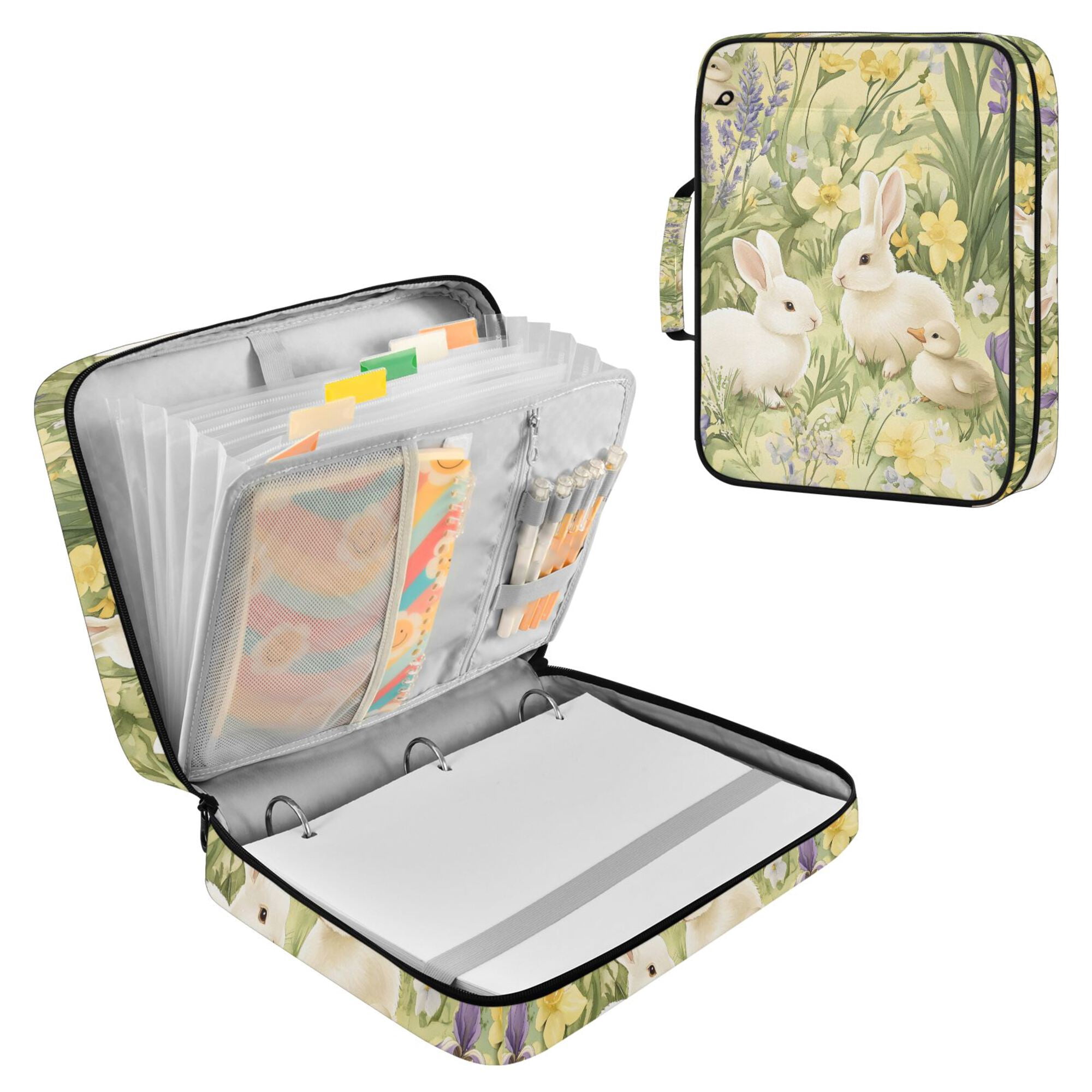 FORMRS Accordion File Folder A4 Size 7-Pocket Expanding Document Organizer Bag with 3 Ring Binder, Yellow Floral Rabbit