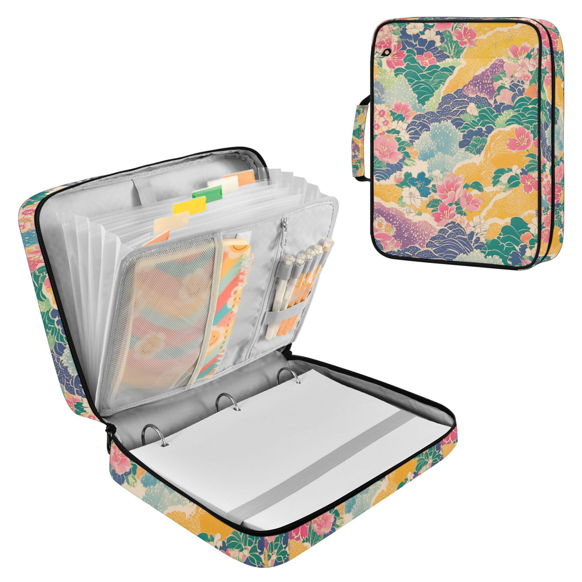 FORMRS Accordion File Folder A4 Size 7-Pocket Expanding Document Organizer Bag with 3 Ring Binder, Yellow Floral Wave
