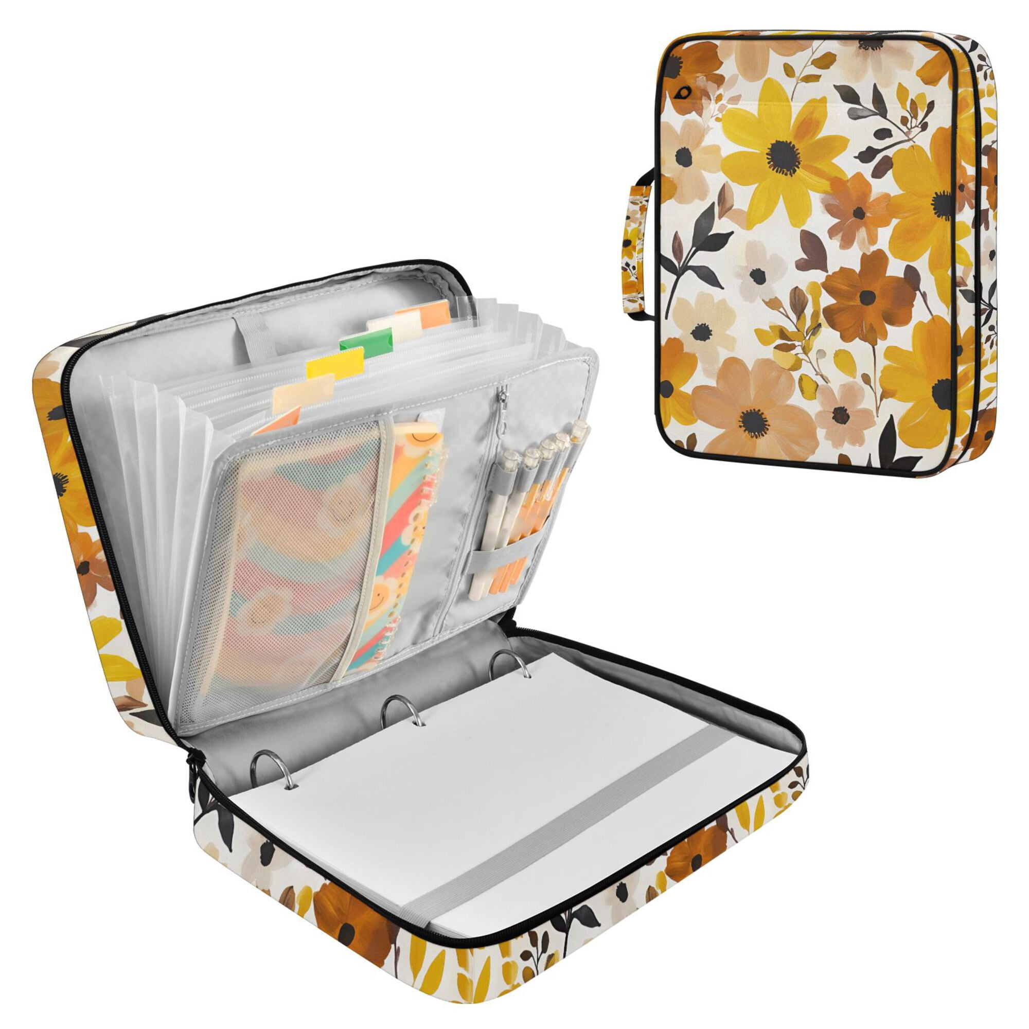 FORMRS Accordion File Folder A4 Size 7-Pocket Expanding Document Organizer Bag with 3 Ring Binder, Yellow Flowers