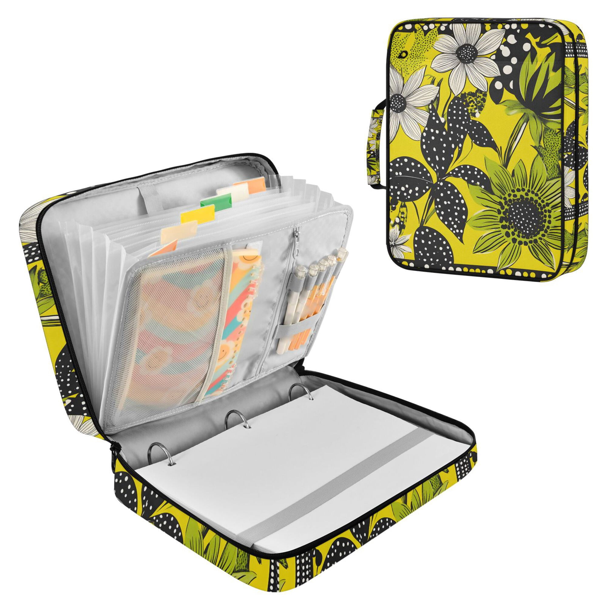 FORMRS Accordion File Folder A4 Size 7-Pocket Expanding Document Organizer Bag with 3 Ring Binder, Yellow Flowers