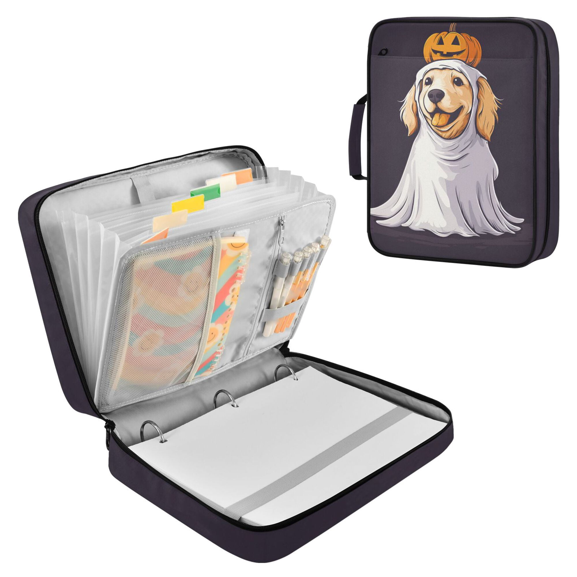 FORMRS Accordion File Folder A4 Size 7-Pocket Expanding Document Organizer Bag with 3 Ring Binder, Yellow Halloween Dog
