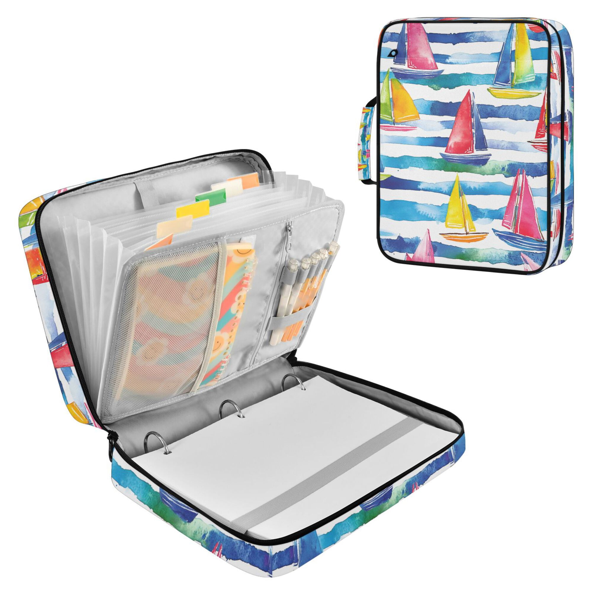 FORMRS Accordion File Folder A4 Size 7-Pocket Expanding Document Organizer Bag with 3 Ring Binder, Yellow Hand Drawn Sailboats