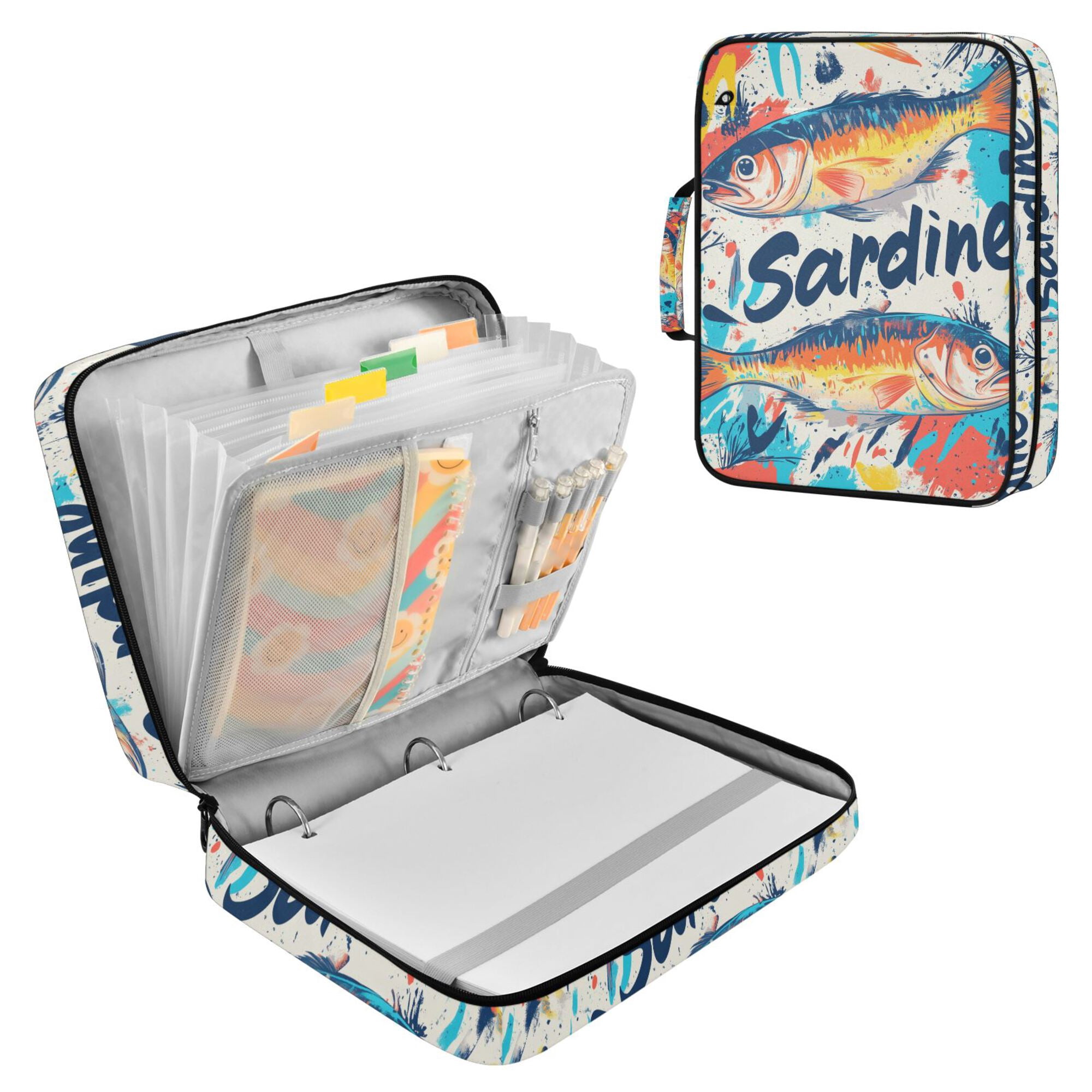 FORMRS Accordion File Folder A4 Size 7-Pocket Expanding Document Organizer Bag with 3 Ring Binder, Yellow Sardines Pattern