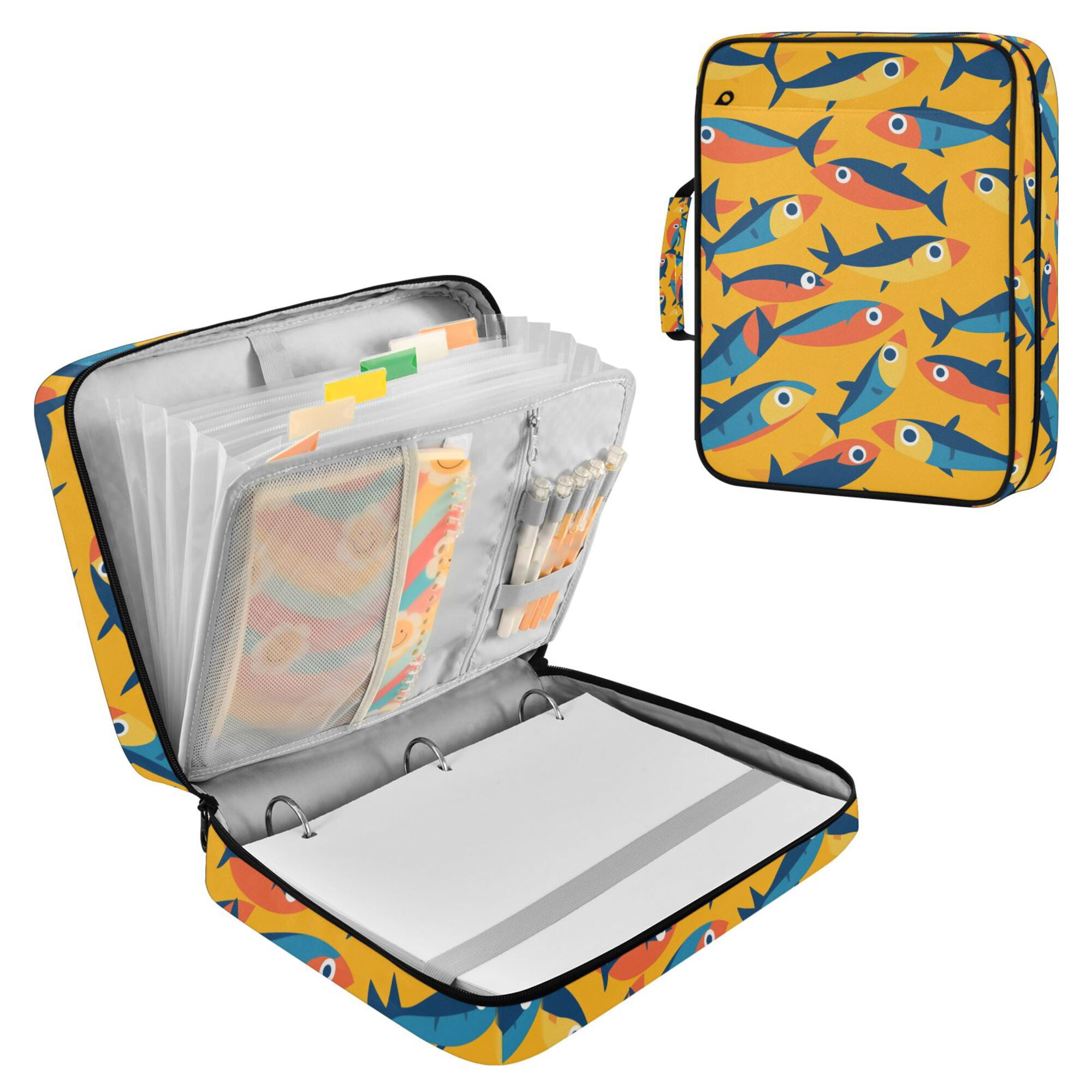 FORMRS Accordion File Folder A4 Size 7-Pocket Expanding Document Organizer Bag with 3 Ring Binder, Yellow Sardines Pattern