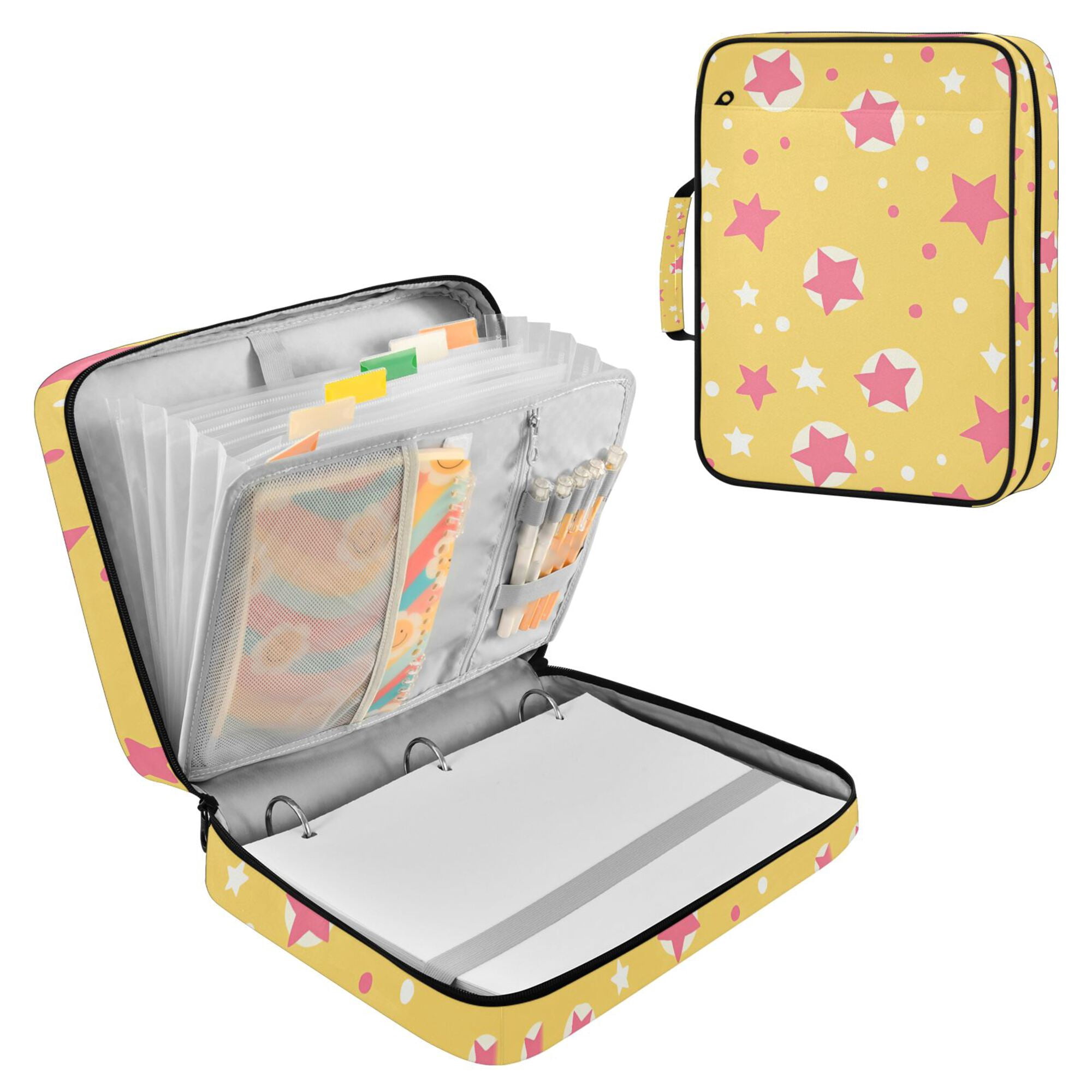 FORMRS Accordion File Folder A4 Size 7-Pocket Expanding Document Organizer Bag with 3 Ring Binder, Yellow Stars