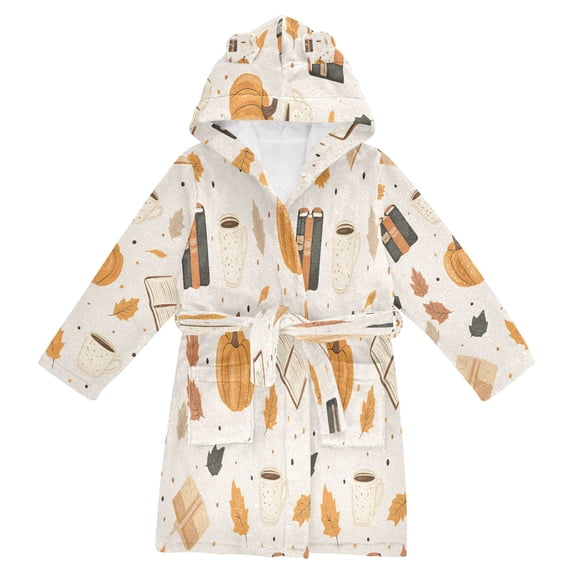 FORMRS Niños Bathrobe Unisex Hooded Robe Soft Plush Pajamas Sleepwear, Size 10-12T, Beige Fall Pumpkin