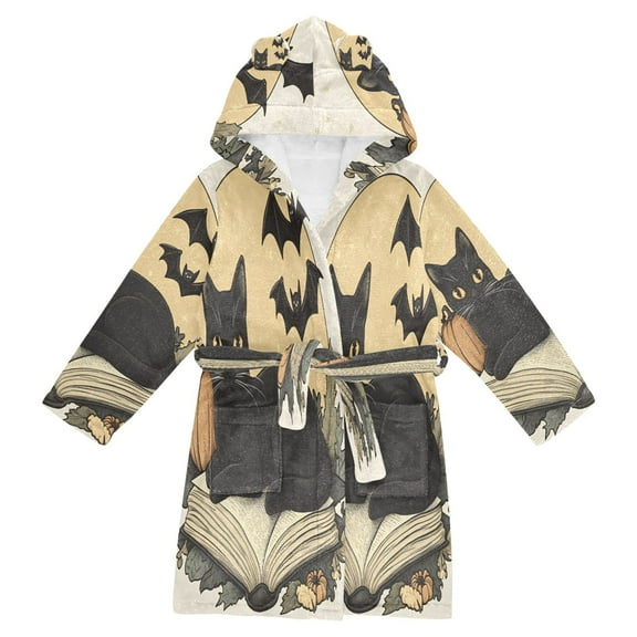 FORMRS Niños Bathrobe Unisex Hooded Robe Soft Plush Pajamas Sleepwear, Size 10-12T, Beige Halloween Cat