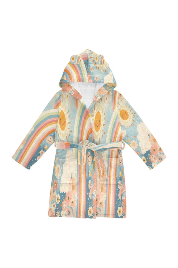 Niños Bathrobe Unisex Hooded Robe Soft Plush Pajamas Sleepwear, Size 10-12T, Beige Rainbow Clouds