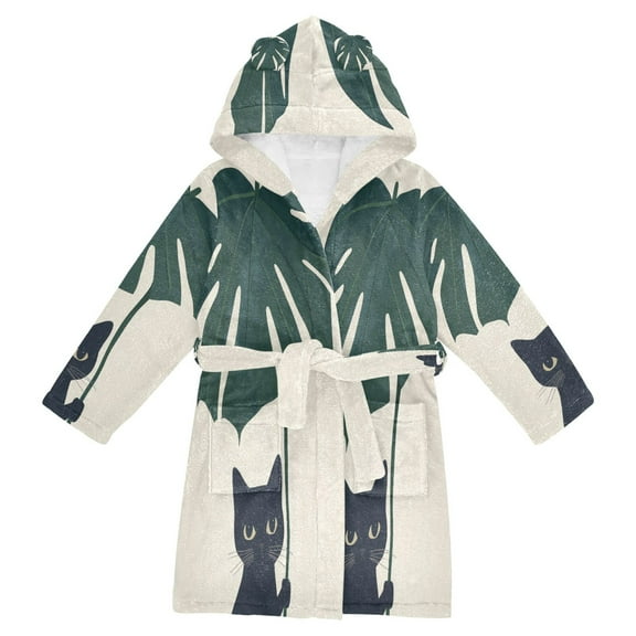 FORMRS Niños Bathrobe Unisex Hooded Robe Soft Plush Pajamas Sleepwear, Size 10-12T, Black Cat Plants