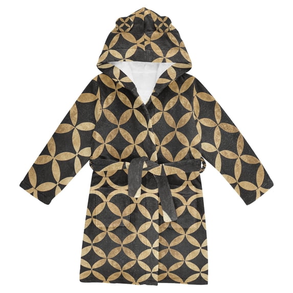 FORMRS Niños Bathrobe Unisex Hooded Robe Soft Plush Pajamas Sleepwear, Size 10-12T, Black Geometric