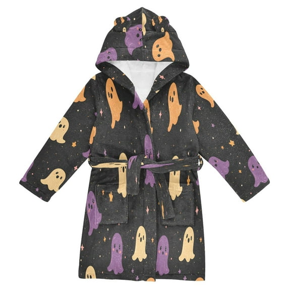 FORMRS Niños Bathrobe Unisex Hooded Robe Soft Plush Pajamas Sleepwear, Size 10-12T, Black Halloween Ghosts