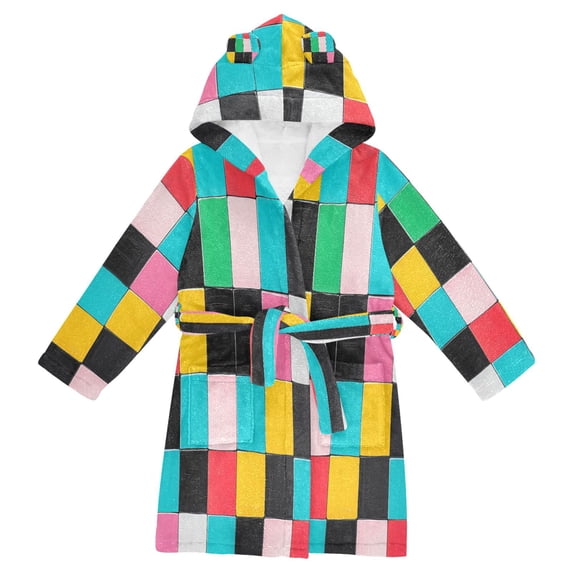 FORMRS Niños Bathrobe Unisex Hooded Robe Soft Plush Pajamas Sleepwear, Size 10-12T, Blue Checkered Pattern
