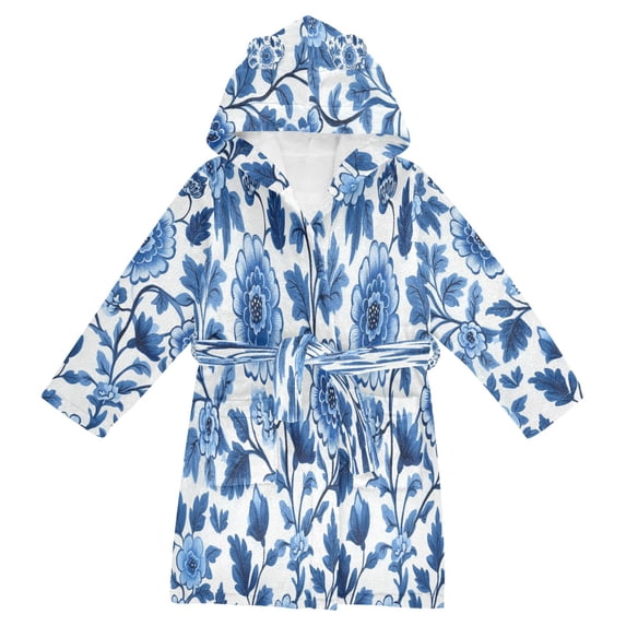 FORMRS Niños Bathrobe Unisex Hooded Robe Soft Plush Pajamas Sleepwear, Size 10-12T, Blue Floral Pattern