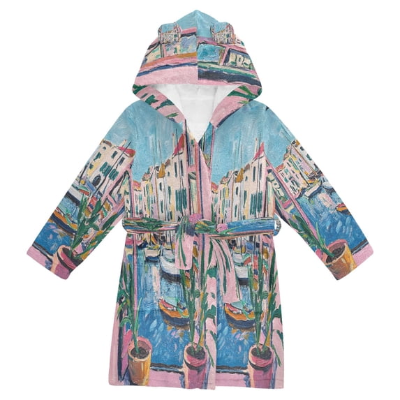 FORMRS Niños Bathrobe Unisex Hooded Robe Soft Plush Pajamas Sleepwear, Size 10-12T, Blue Plants Window