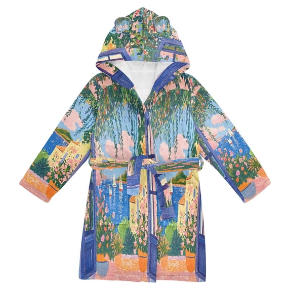 FORMRS Niños Bathrobe Unisex Hooded Robe Soft Plush Pajamas Sleepwear, Size 10-12T, Blue Window