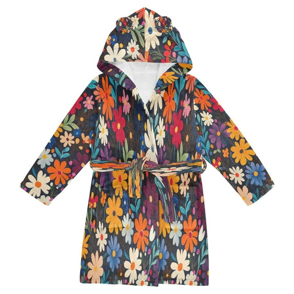 FORMRS Niños Bathrobe Unisex Hooded Robe Soft Plush Pajamas Sleepwear, Size 10-12T, Bright Colorful Flowers Pattern