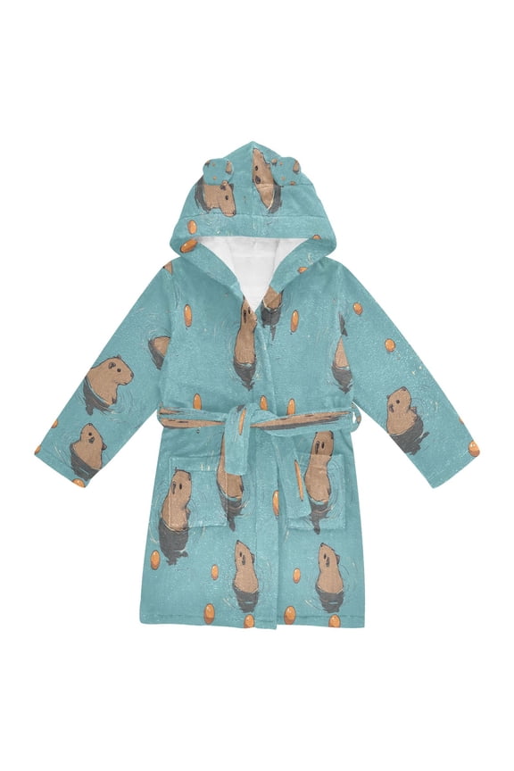 Niños Bathrobe Unisex Hooded Robe Soft Plush Pajamas Sleepwear, Size 10-12T, Cartoon Capybaras