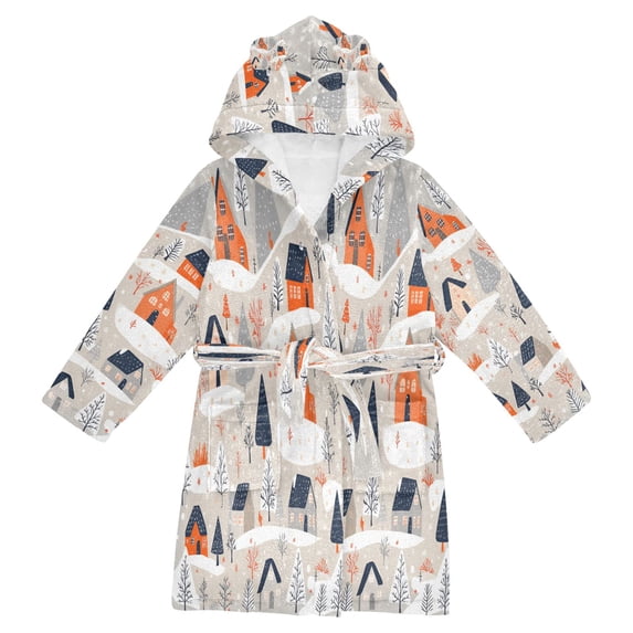 FORMRS Niños Bathrobe Unisex Hooded Robe Soft Plush Pajamas Sleepwear, Size 10-12T, Cartoon Gray Houses