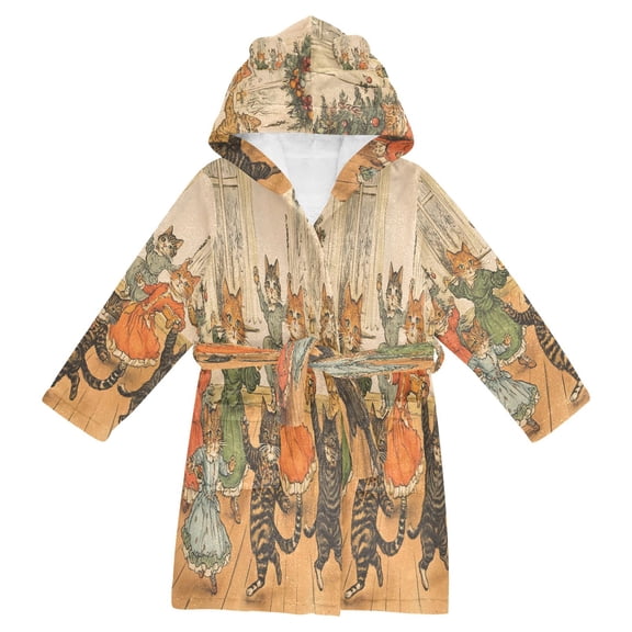 FORMRS Niños Bathrobe Unisex Hooded Robe Soft Plush Pajamas Sleepwear, Size 10-12T, Cats in Party