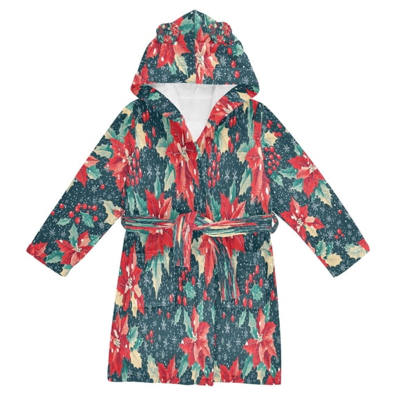 FORMRS Niños Bathrobe Unisex Hooded Robe Soft Plush Pajamas Sleepwear, Size 10-12T, Christmas Themed Leaves