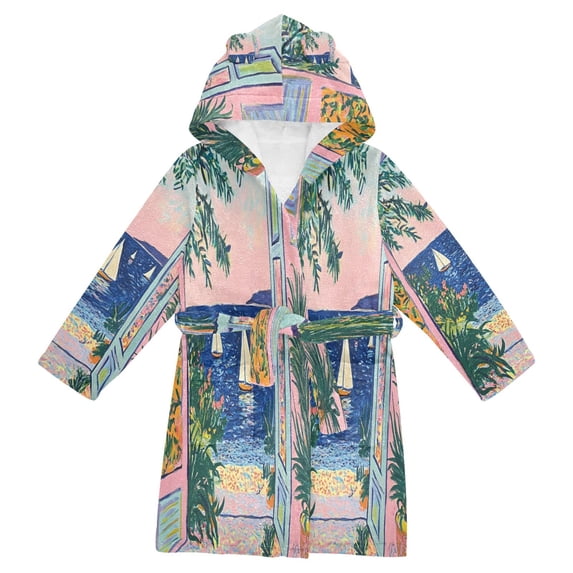 FORMRS Niños Bathrobe Unisex Hooded Robe Soft Plush Pajamas Sleepwear, Size 10-12T, Colorful Seaside
