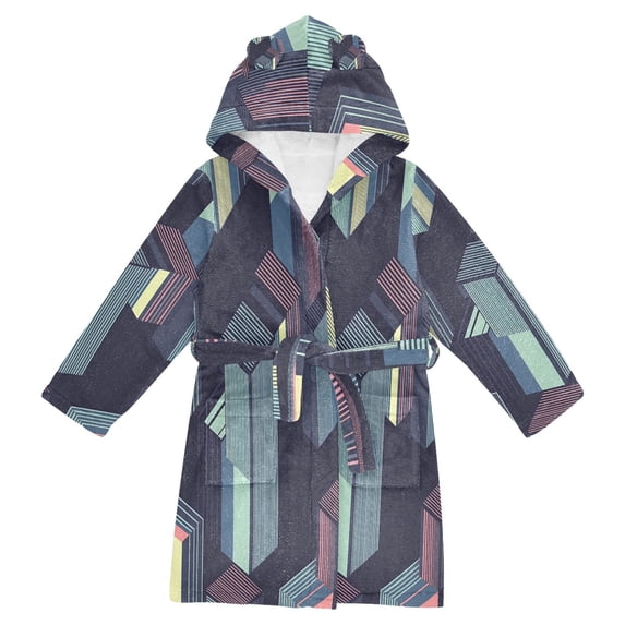 FORMRS Niños Bathrobe Unisex Hooded Robe Soft Plush Pajamas Sleepwear, Size 10-12T, Cube Stripes