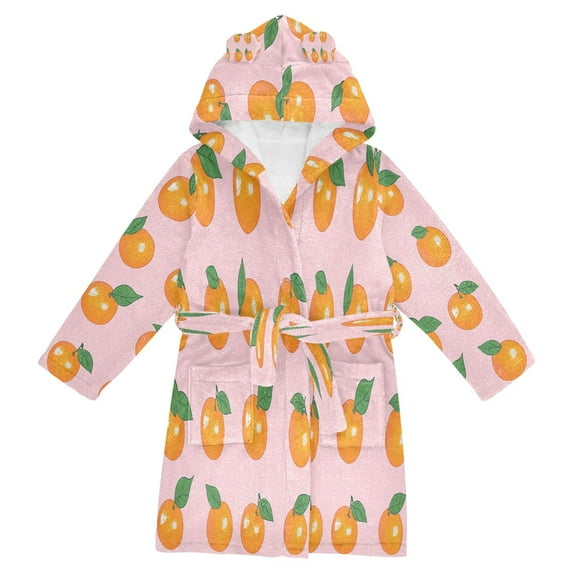 FORMRS Niños Bathrobe Unisex Hooded Robe Soft Plush Pajamas Sleepwear, Size 10-12T, Cute Oranges