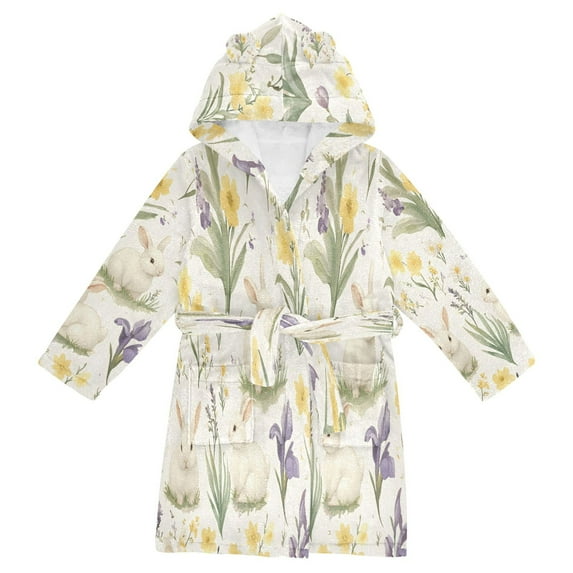 FORMRS Niños Bathrobe Unisex Hooded Robe Soft Plush Pajamas Sleepwear, Size 10-12T, Floral Rabbit