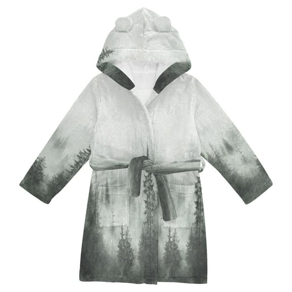 FORMRS Niños Bathrobe Unisex Hooded Robe Soft Plush Pajamas Sleepwear, Size 10-12T, Foggy Forest