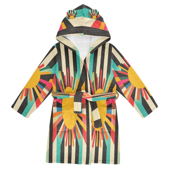 FORMRS Niños Bathrobe Unisex Hooded Robe Soft Plush Pajamas Sleepwear, Size 10-12T, Geometric Sun