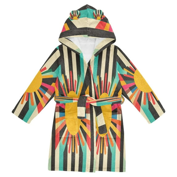 FORMRS Niños Bathrobe Unisex Hooded Robe Soft Plush Pajamas Sleepwear, Size 10-12T, Geometric Sun
