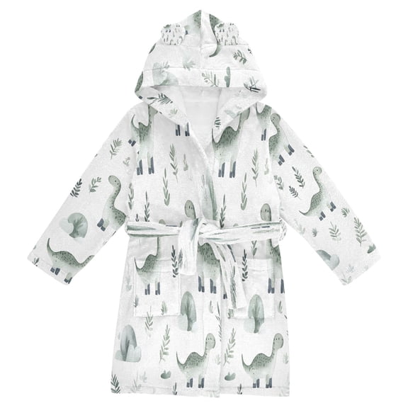 FORMRS Niños Bathrobe Unisex Hooded Robe Soft Plush Pajamas Sleepwear, Size 10-12T, Green Dinosaur Pattern
