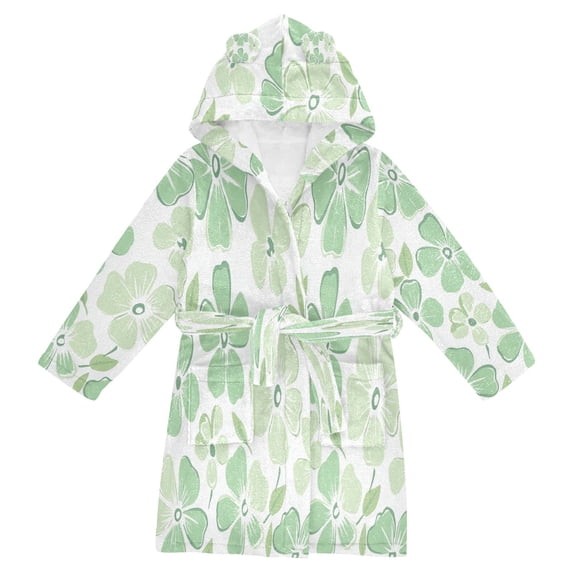 FORMRS Niños Bathrobe Unisex Hooded Robe Soft Plush Pajamas Sleepwear, Size 10-12T, Green Floral