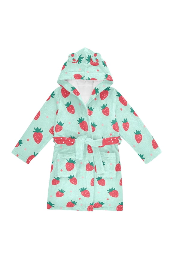 Niños Bathrobe Unisex Hooded Robe Soft Plush Pajamas Sleepwear, Size 10-12T, Green Strawberry