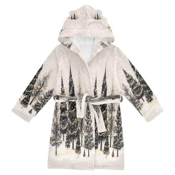 FORMRS Niños Bathrobe Unisex Hooded Robe Soft Plush Pajamas Sleepwear, Size 10-12T, Hand Drawn Christmas Trees
