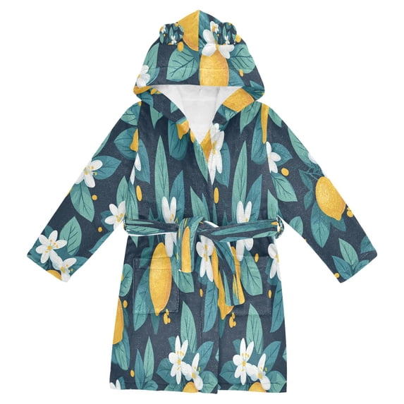 FORMRS Niños Bathrobe Unisex Hooded Robe Soft Plush Pajamas Sleepwear, Size 10-12T, Lemon Leaves