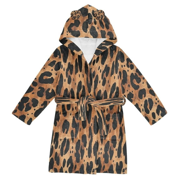 FORMRS Niños Bathrobe Unisex Hooded Robe Soft Plush Pajamas Sleepwear, Size 10-12T, Leopard Pattern