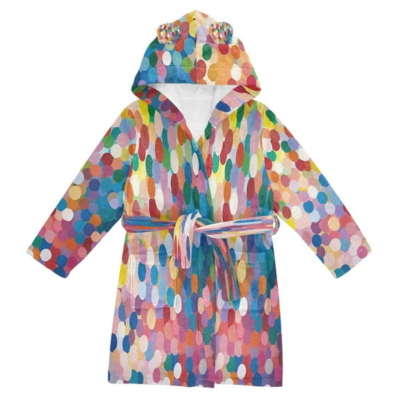 FORMRS Niños Bathrobe Unisex Hooded Robe Soft Plush Pajamas Sleepwear, Size 10-12T, Light Colorful Circles