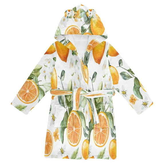 FORMRS Niños Bathrobe Unisex Hooded Robe Soft Plush Pajamas Sleepwear, Size 10-12T, Orange Watercolor Bees