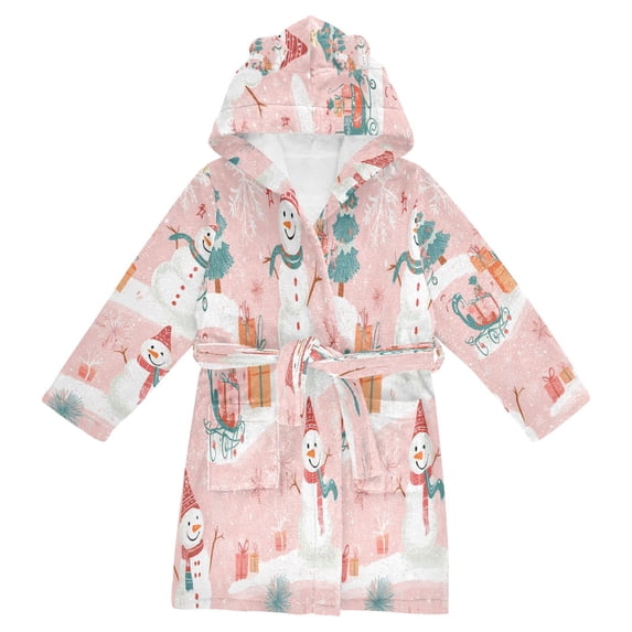 FORMRS Niños Bathrobe Unisex Hooded Robe Soft Plush Pajamas Sleepwear, Size 10-12T, Pink Christmas Snowman