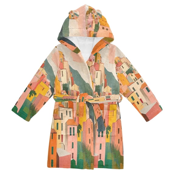 FORMRS Niños Bathrobe Unisex Hooded Robe Soft Plush Pajamas Sleepwear, Size 10-12T, Pink Cityscape Painting