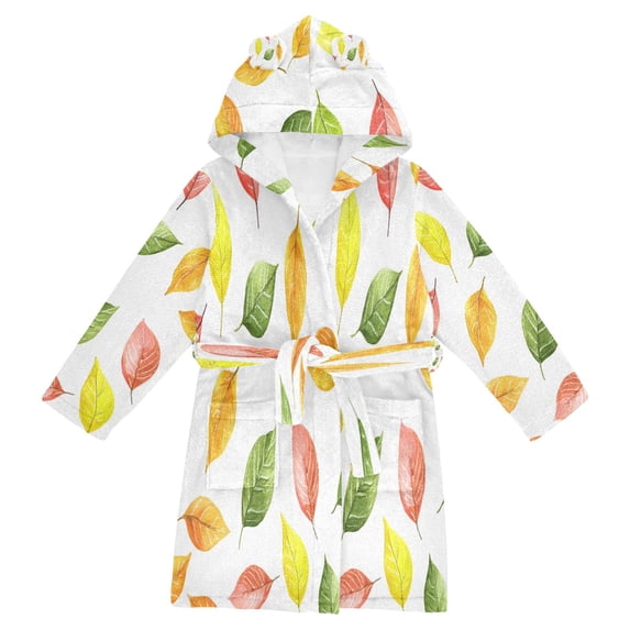 FORMRS Niños Bathrobe Unisex Hooded Robe Soft Plush Pajamas Sleepwear, Size 10-12T, Pink Colorful Leaves