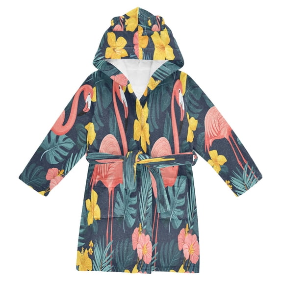 FORMRS Niños Bathrobe Unisex Hooded Robe Soft Plush Pajamas Sleepwear, Size 10-12T, Pink Floral Flamingo