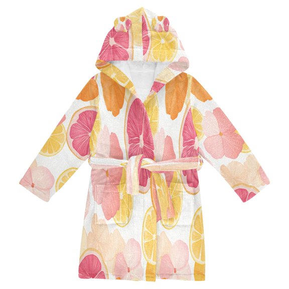 FORMRS Niños Bathrobe Unisex Hooded Robe Soft Plush Pajamas Sleepwear, Size 10-12T, Pink Floral Orange
