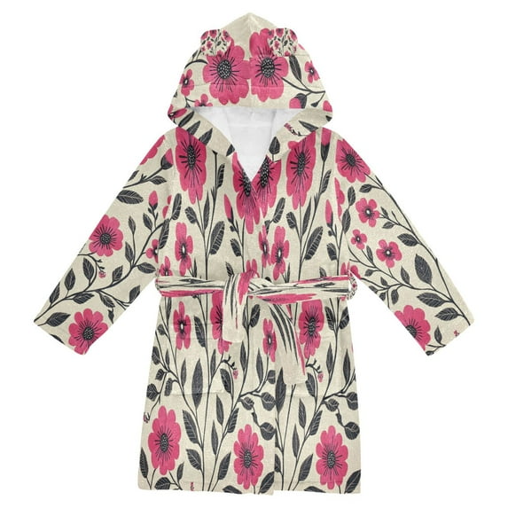 FORMRS Niños Bathrobe Unisex Hooded Robe Soft Plush Pajamas Sleepwear, Size 10-12T, Pink Flowers